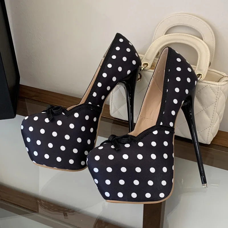 Eilyken Sexy Designer Polka Dot Platform Pumps Woman Fashion Round Toe Thin Heels Bridal Strippers Nightclub Party Shoes