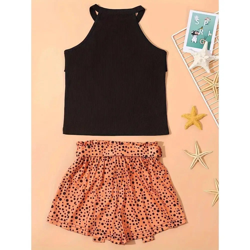 Girl's Trendy Outfit  Halter Neck Camisole & Polka Dot