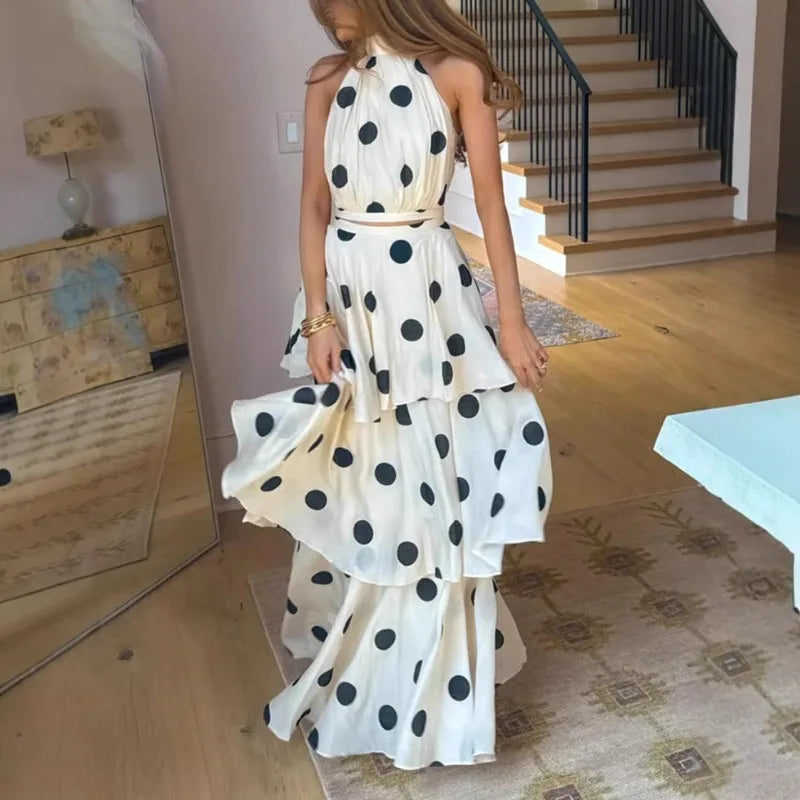 French Retro Holiday Women Long 2 Piece Elegant Polka Dot Sleeveless
