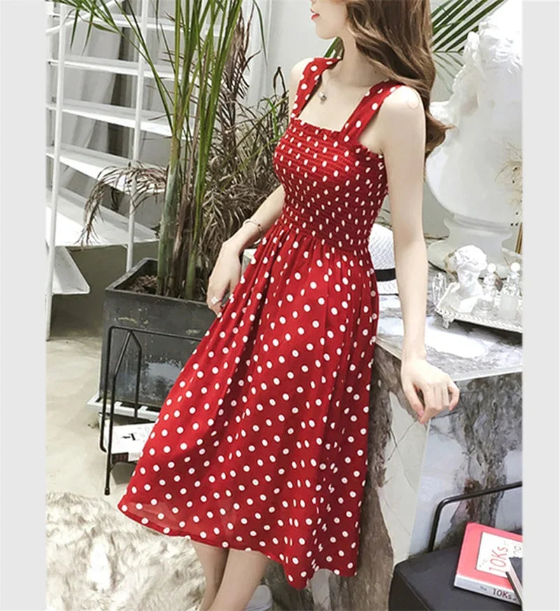 Women's sleeveless polka dot chiffon long dress with an elegant square neckline