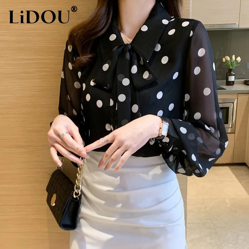 Spring Summer Polka Dot Printing Chiffon Shirt Women Fashion Tops