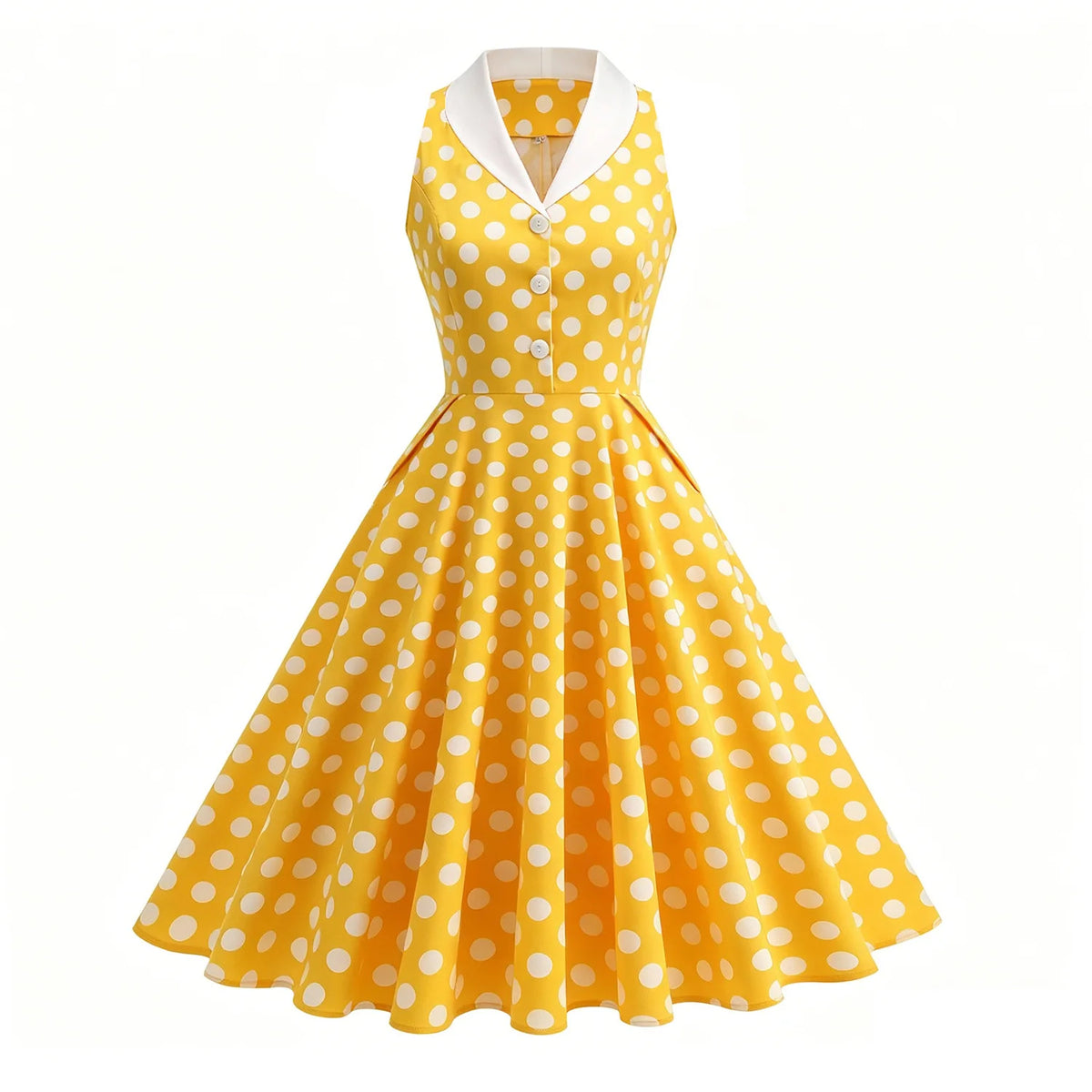 Women 1950s Vintage Polka Dot Swing Dress Contrast White Lapel Sleeveless