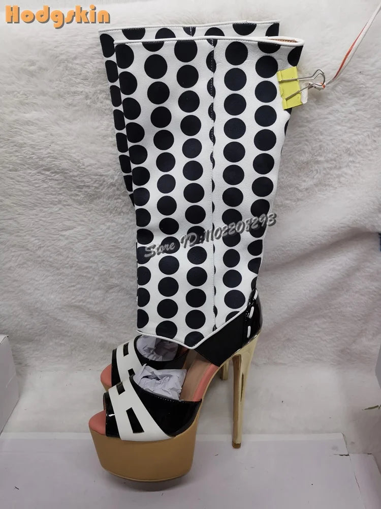 Sexy Polka Dots Knee-high Sandals Patchwork Leather Peep Toe Metal Heel