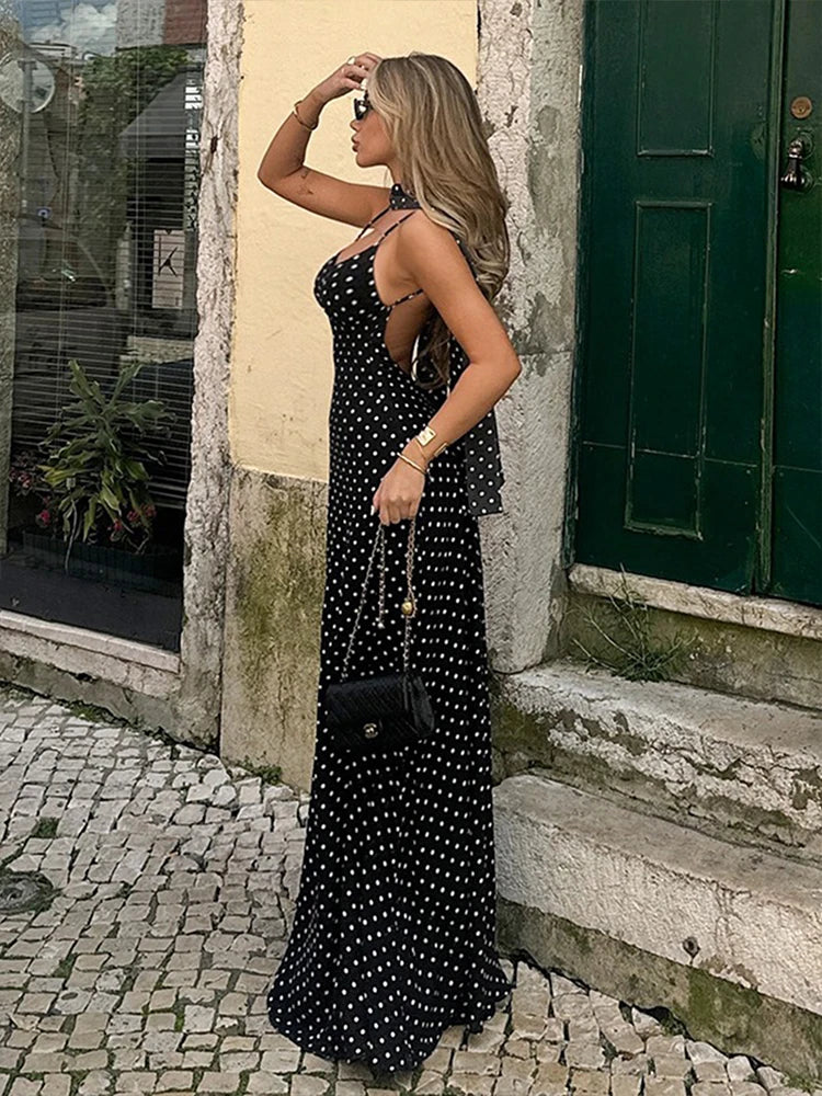 Summer Dresses Women's Polka Dot Long Dress Scarf Ribbon Ruffle Halter
