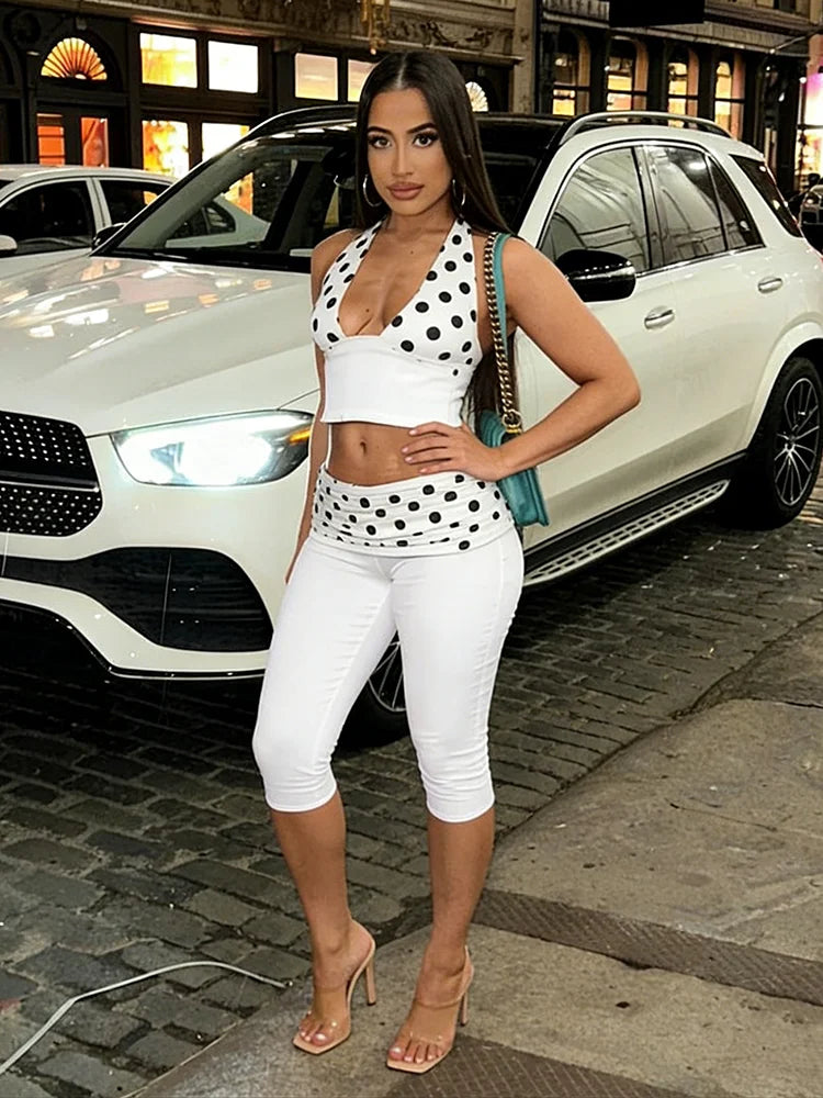 Leosoxs Patchwork 2-Piece Set Women Backless Halter Low-Neck Vest+Folds Elastic Waist Short Fashion Polka Dot Print Suits