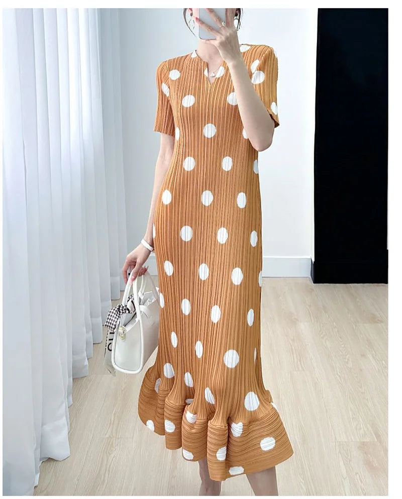 Beautiful Womens Dresses Evening Dresses Miyake Summer Ladies Polka-dot V-neck