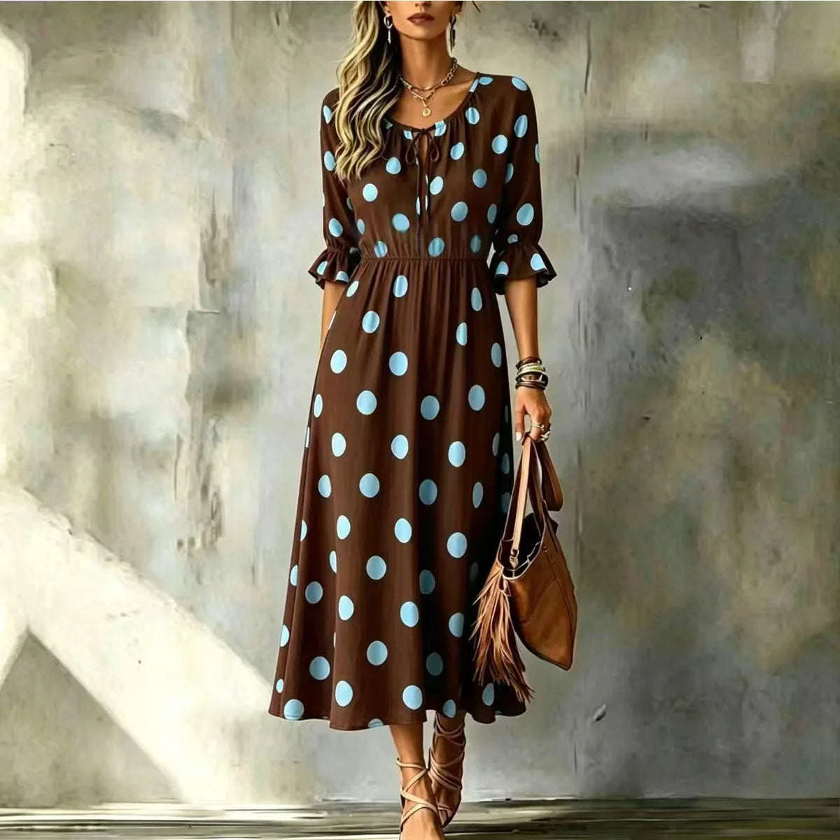 Women's New Dress Summer Boho Fashion Waist O-neck Lace-up Slimming