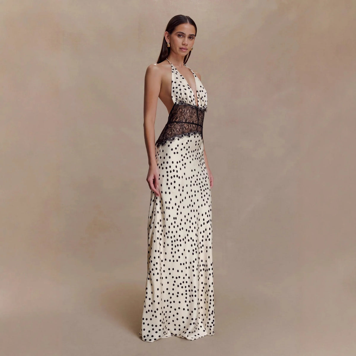 Polka Dot Backless Sexy Maxi Dress Women Gown Patchwork Lace Deep V Neck
