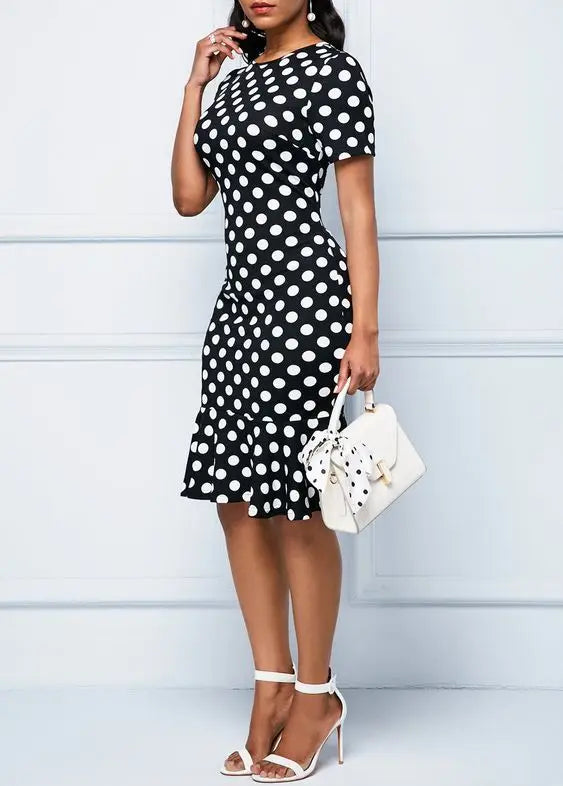 Polka Dot Knee-Length Pencil Dress with Ruffle Hem