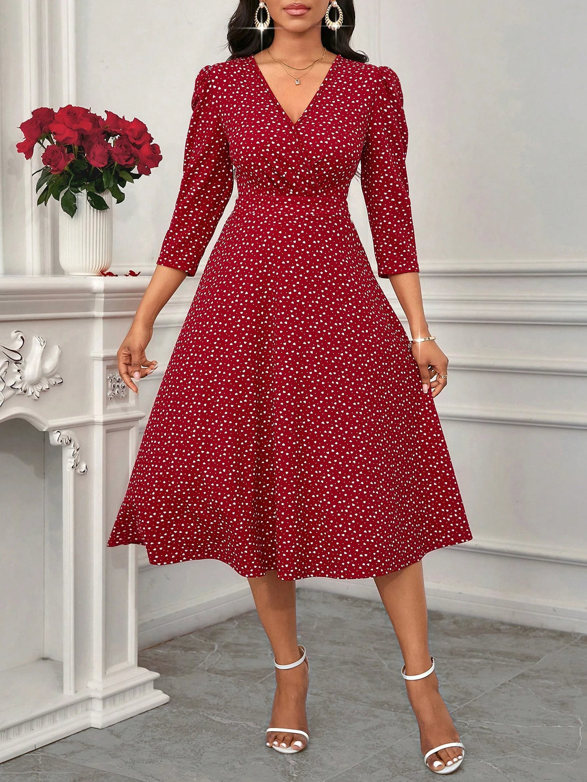 Women's Burgundy White Polka Dot Midi Dress V-Neck Sleeves A-Line Spring