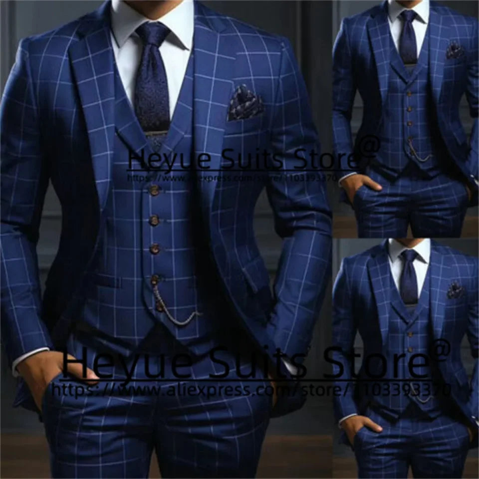 Customized Navy Blue Plaid Men Suits Business Male Blazers Slim Fit Notched Lapel Groom Tuxedos 3 Pcs Sets Handsome Ropa Hombre