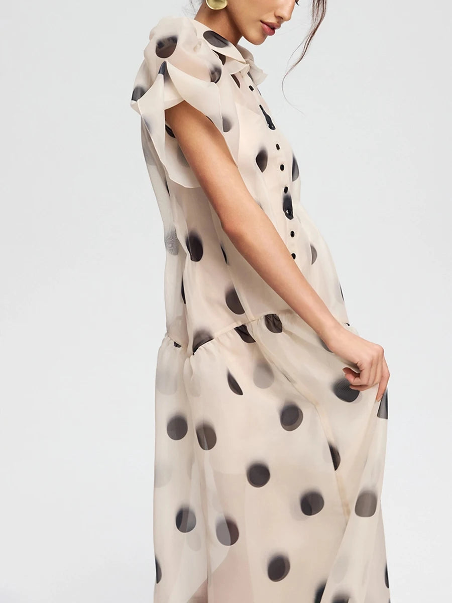 LIMO French Elegant See Through Polka Dot Dress Puff Sleeve Lapel High Waist