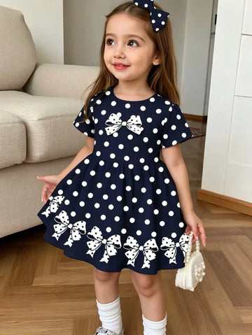 Cute Polka Dot Bow 3D Print Dress for Girls Casual Short Sleeve Dress C