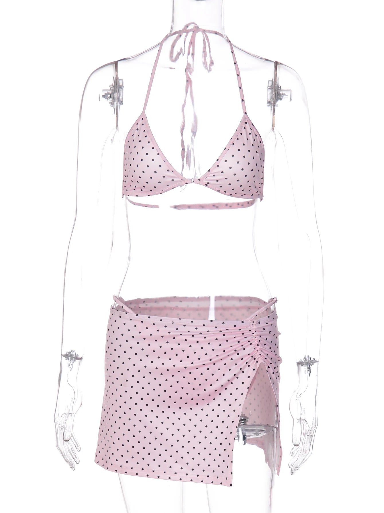 Hugcitar Polka Dot Print 3 Piece Bikini Sets Halter Lace Up Bikini