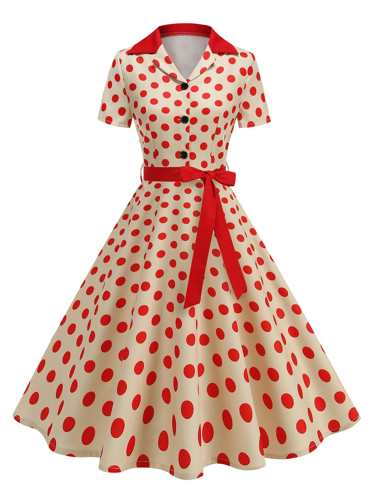 Tonval Contrast Notched Collar and Belt Polka Dot 50s Women Dresses