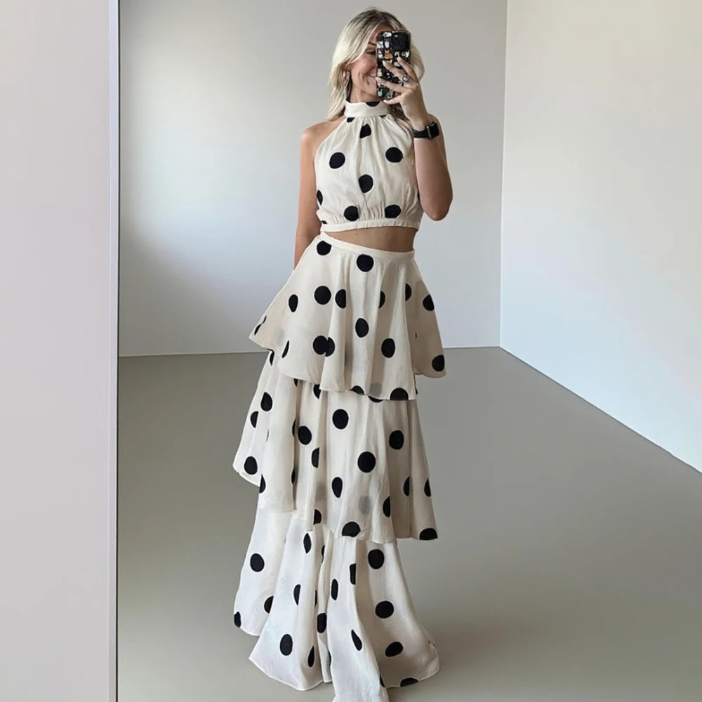French Retro Holiday Women Long 2 Piece Elegant Polka Dot Sleeveless
