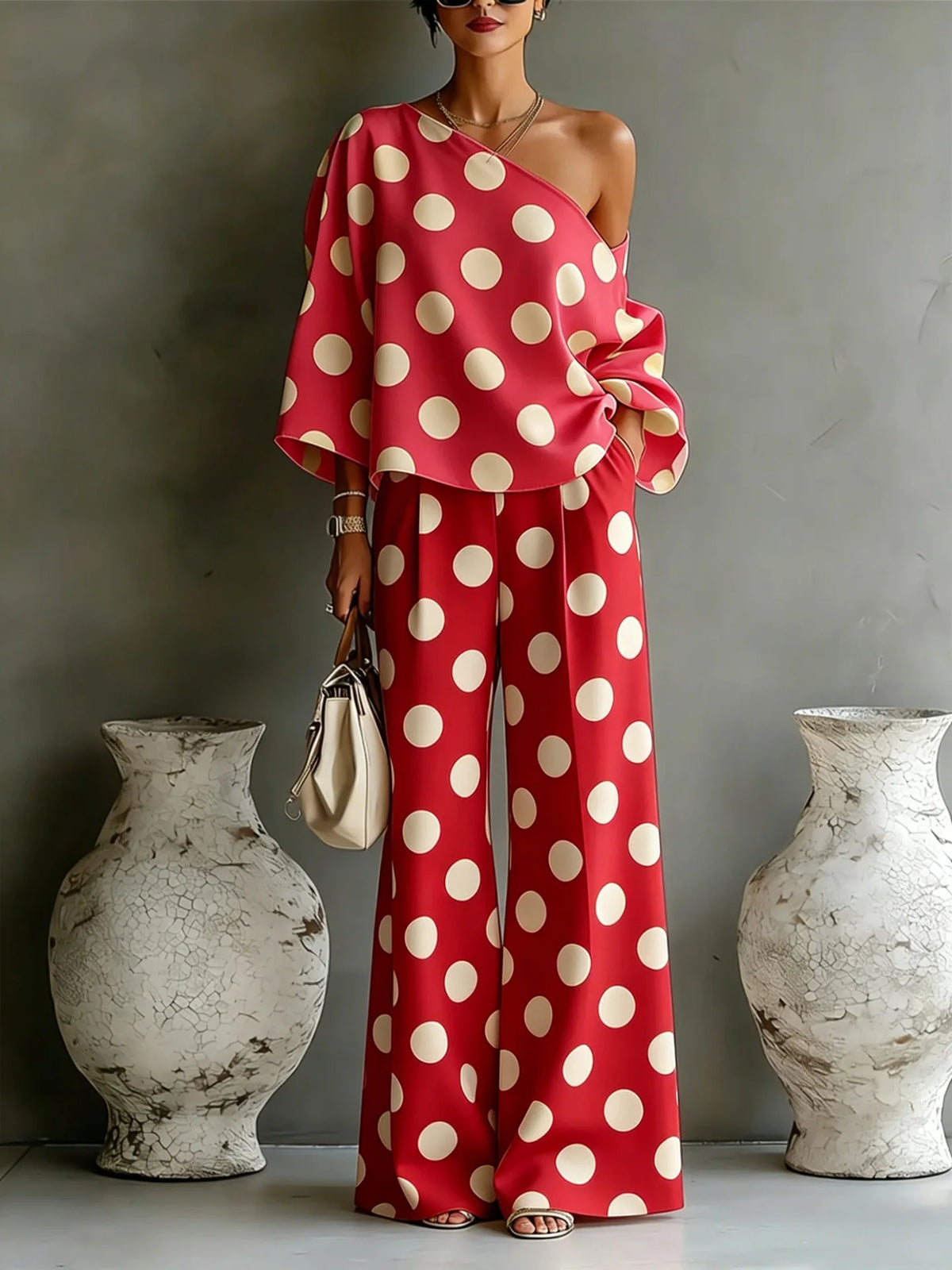 Women's Polka Dot 2 Piece Outfit One Shoulder Blouse And Wide Leg Pants Set Casual Loose Summer Party Tracksuit Elegant New 2026