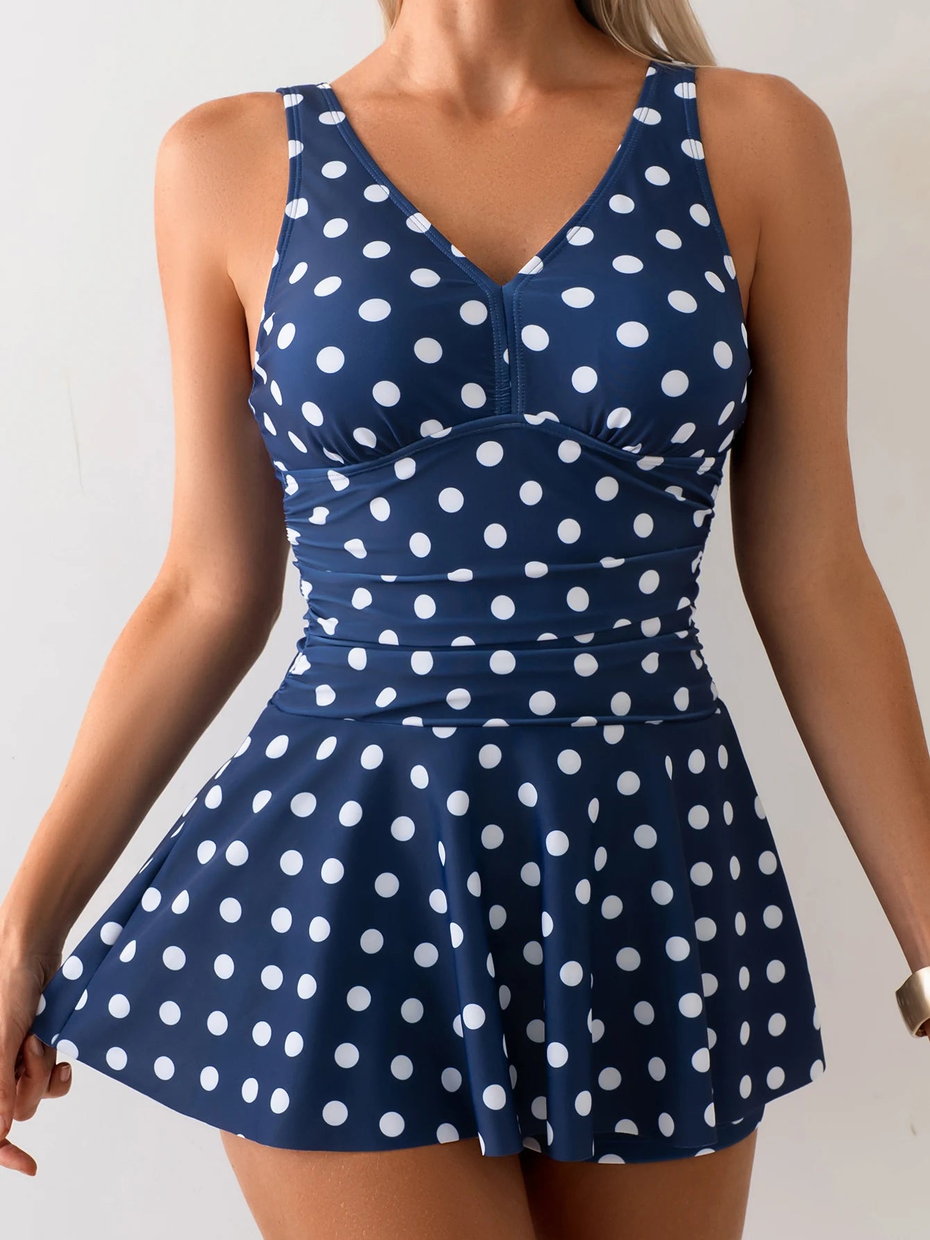 Women's Navy Blue Polka Dot Skirted One Piece Swimsuit