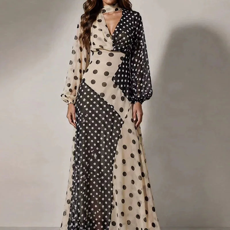 Retro Polka Dot Long-Sleeve V-Neck Maxi Dress