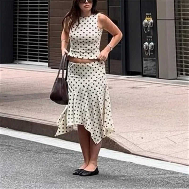 Women's Polka Dot Midi Skirt High Waist Ruffle Beach