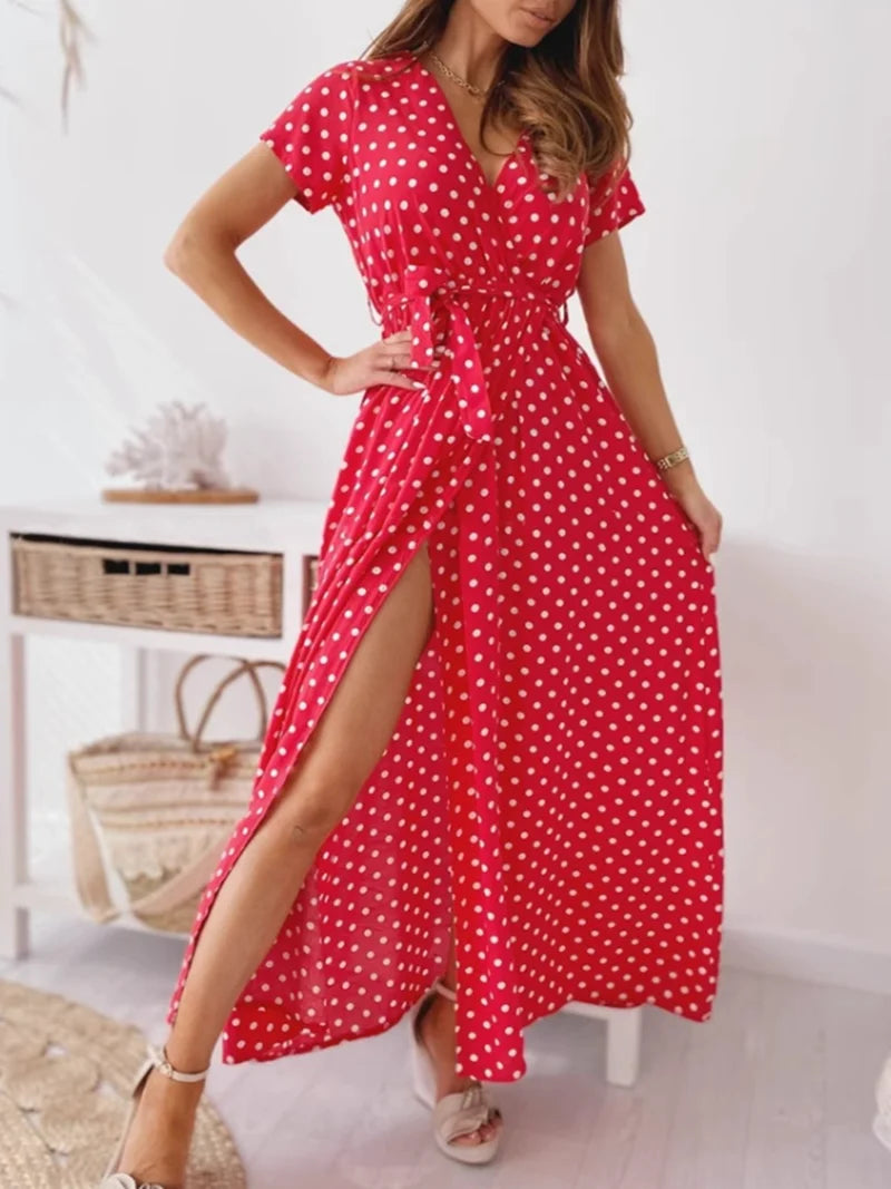 Women's Fashionable Printed Polka Dot Deep V-neck Casual Dress with Bat