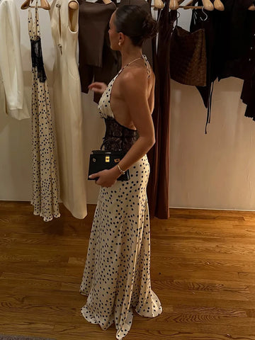 Mozision Polka Dot Backless Sexy Maxi Dress Women Gown Elegant Patchwork