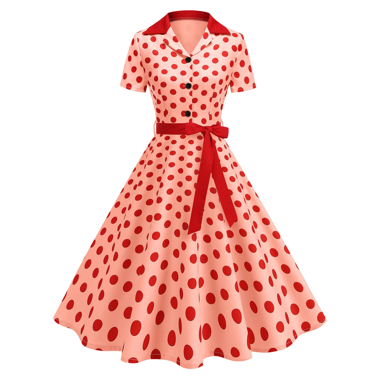 Tonval Contrast Notched Collar and Belt Polka Dot 50s Women Dresses