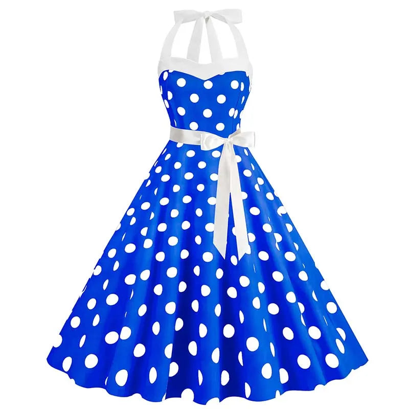 Women Summer Party Dress With Belt Polka Dot Print Halter Hepburn