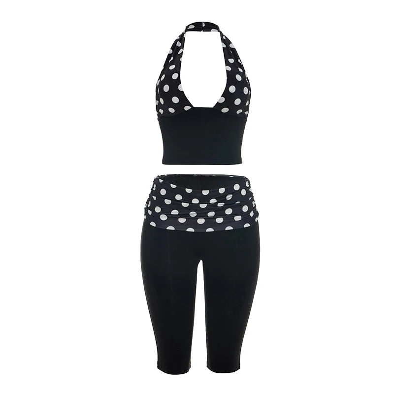 Leosoxs Patchwork 2-Piece Set Women Backless Halter Low-Neck Vest+Folds Elastic Waist Short Fashion Polka Dot Print Suits