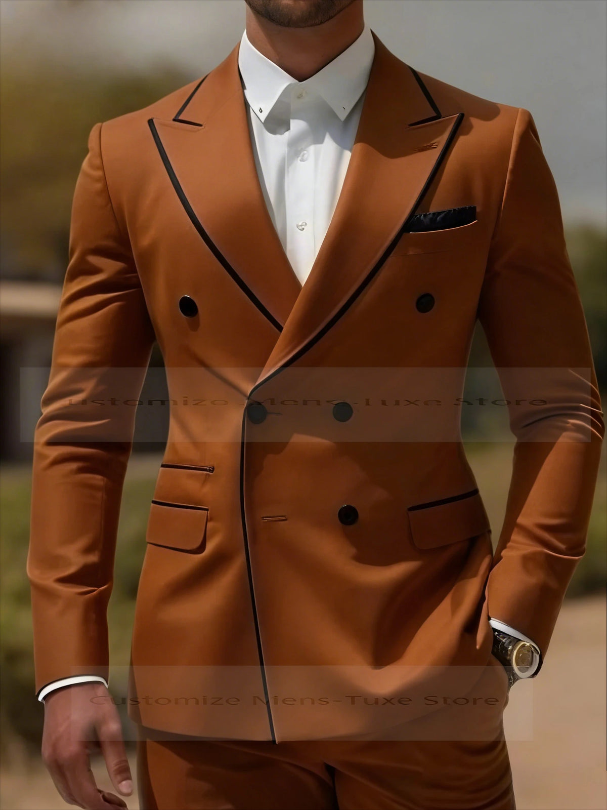 Black Collar Orange Male Business Men Suit Groom Groomsman Wedding Party