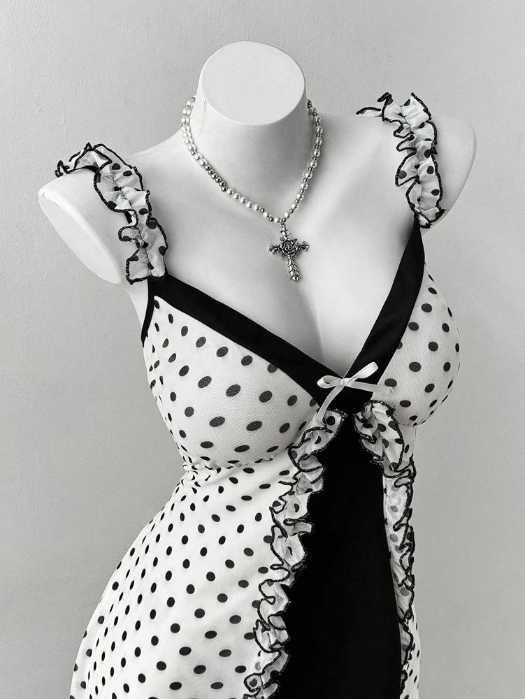 Plus Size Y2K Polka Dot Dress, Ruffle Trim Bow Front Cami Mini Dress