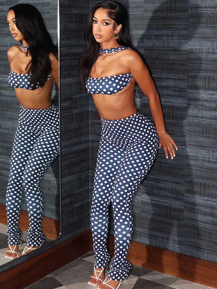 Women's Polka Dot Halter Crop Top & Skinny Pants Set