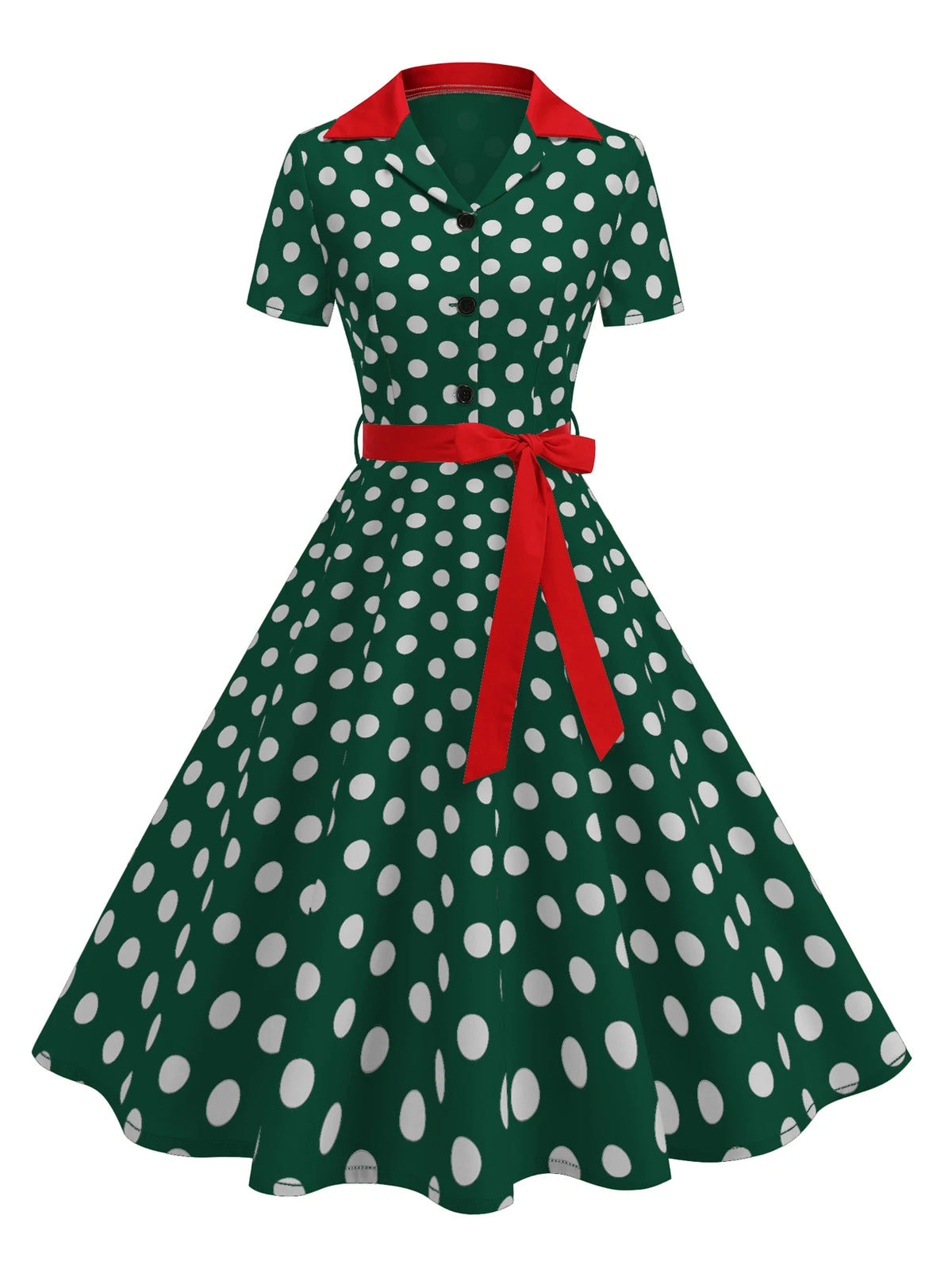 Tonval Contrast Notched Collar and Belt Polka Dot 50s Women Dresses