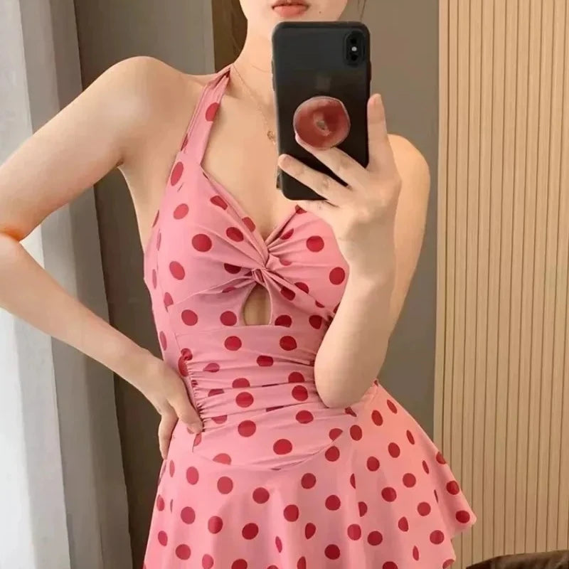 Women Swim Dress Pink Polka Dot One Piece Swimsuit