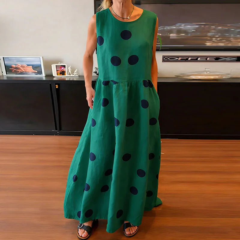 Fashion Polka Dot Printed Draped Maxi Dress Casual Cotton
