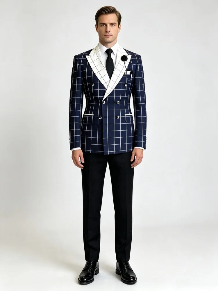 Men Casual Business Slim Fit Windowpane Plaid Blazer Double Breasted White Peak Lapel Formal Wedding Groom Party Suit Jacket