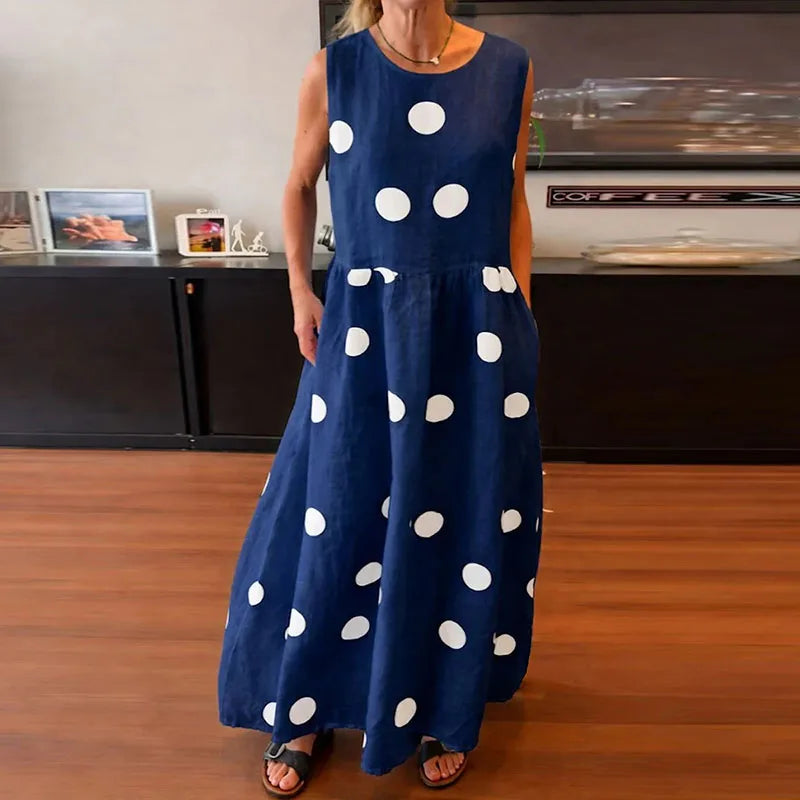 Fashion Polka Dot Printed Draped Maxi Dress Casual Cotton