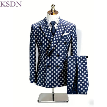 Stylish Men's Suits Polka Dots Double Breasted Peak Lapel Blazer High Quality Slim Fit Prom Party Wedding 2 Piece Jacket Pants