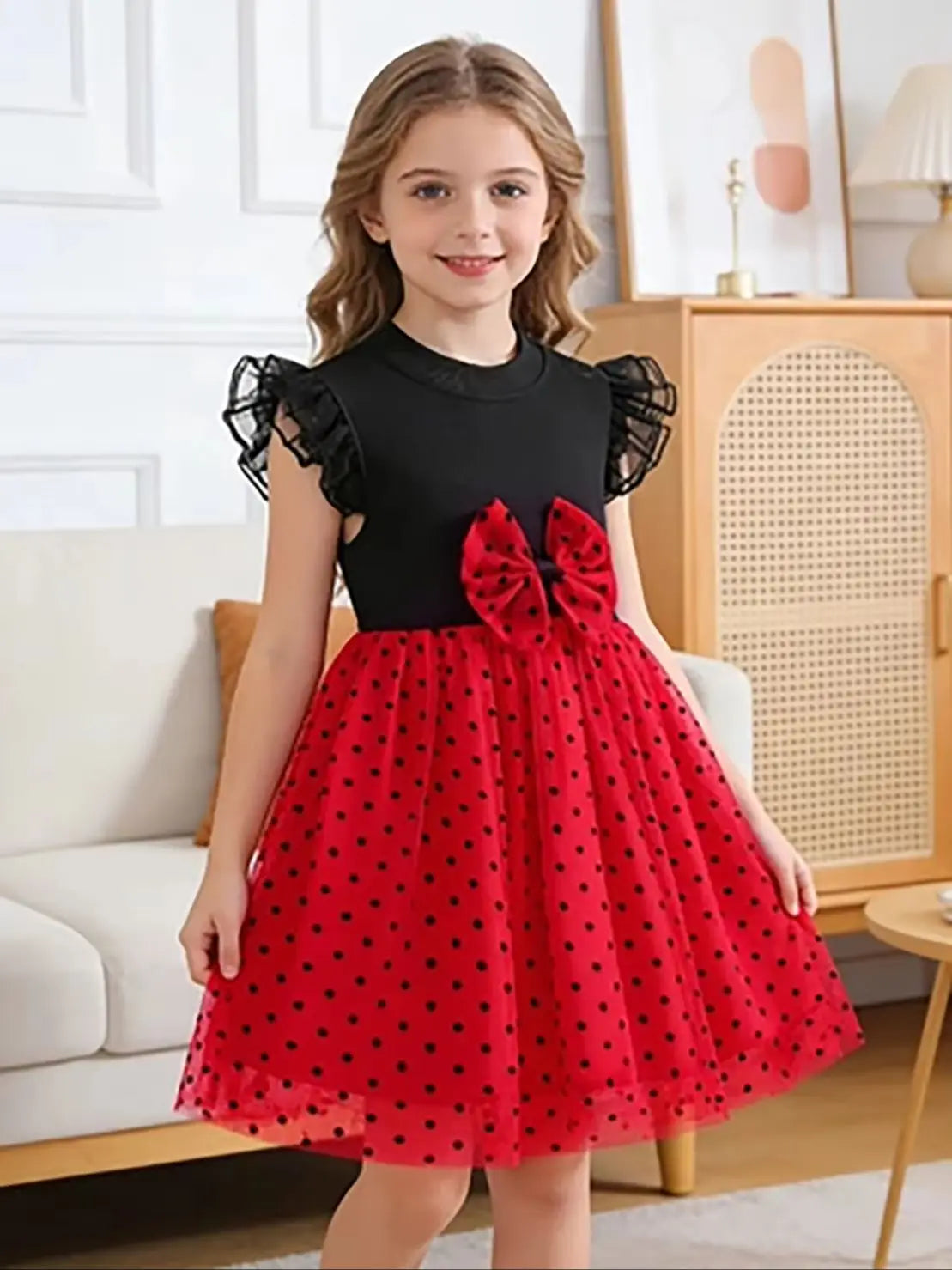 Girls' Black and Red Polka Dot Princess Dress, Summer Flutter Sleeve Bow Tulle Skirt