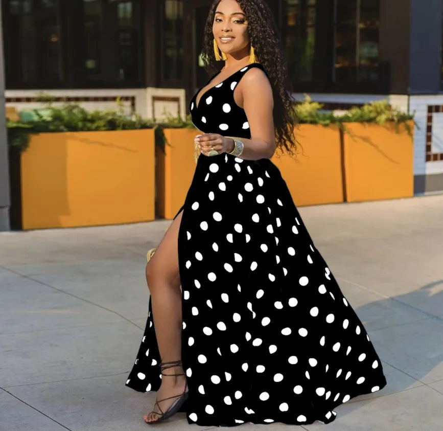 Sexy Deep V Neck Polka Dot Long Dress For Women Summer Boho Sleeveless