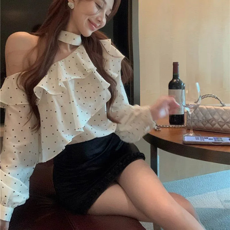 French Style Halter Neck Polka Dot Chiffon Ruffle Blouses