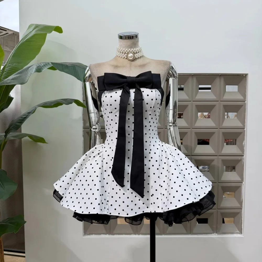 Women Sexy Strapless Backless Polka Dot Bow A Line Dress Party