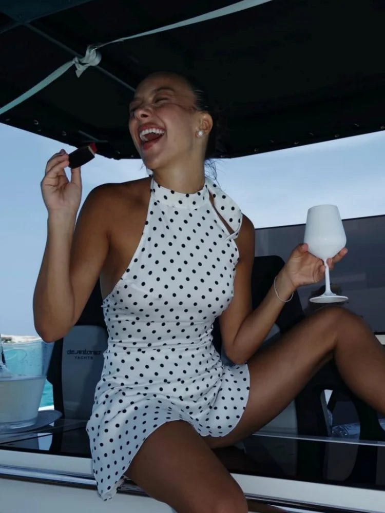 Polka Dot Printed Mini Halter Dress Backless Sleeveless A Line Short Robes