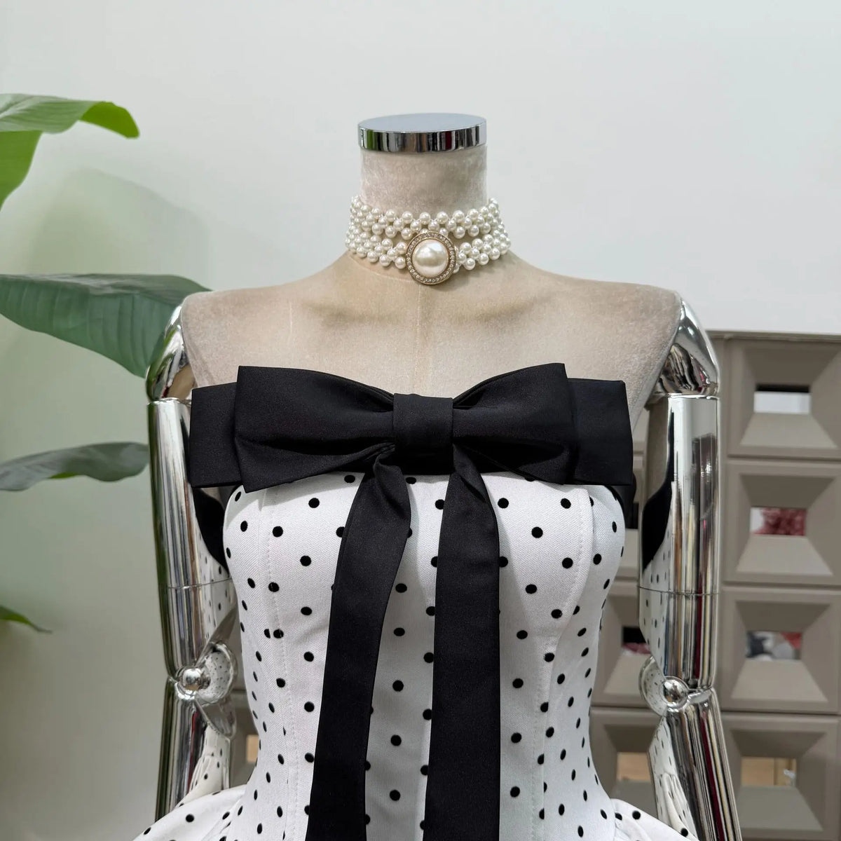 Women Sexy Strapless Backless Polka Dot Bow A Line Dress Party