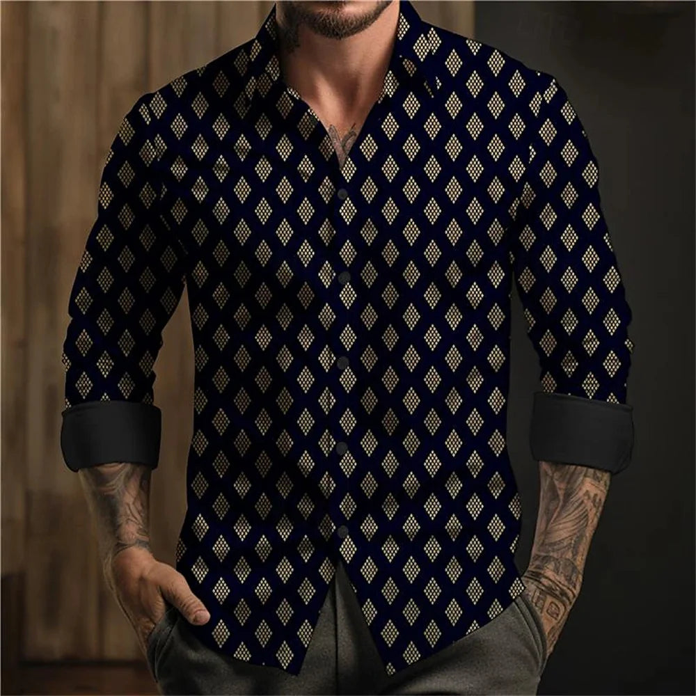 Men's Long Sleeved Polka Dot Printed Lapel Top Button Up