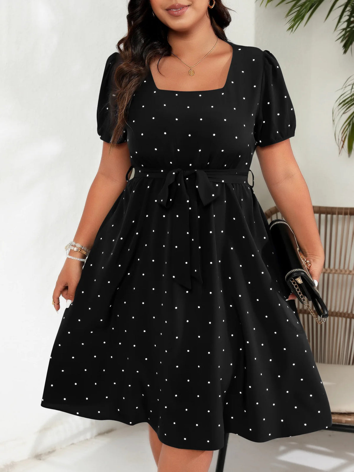 Women's Elegant Retro Polka Dot Dress European American Plus Size Waist Cinched Lace Up Square Neck Big Swing Dresses with Belt