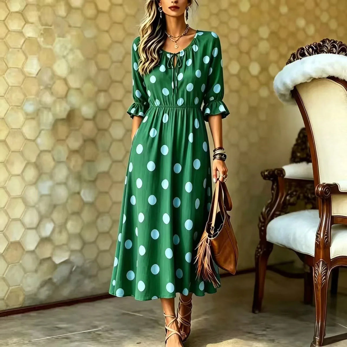 Women's New Dress Summer Boho Fashion Waist O-neck Lace-up Slimming