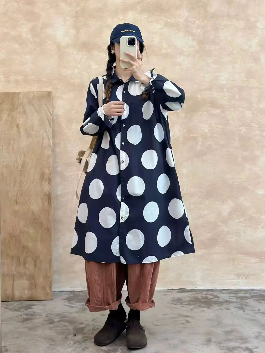 Bust pure cotton polka dot print shirt dress for women Japan style