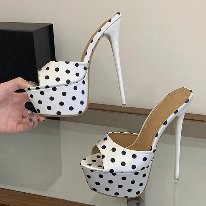 Liyke Sexy Super High Heels Slippers Women Summer Peep Toe Polka Dot shoes