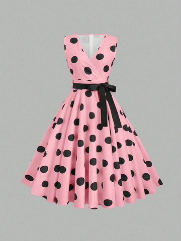 Fashionable Women's Polka Dot Printed Sleeveless V-Neck Dress Maxi Women Outfit